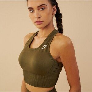 GYMSHARK Longline Sports Bra Small Olive Green Strappy Back Medium Support Holey